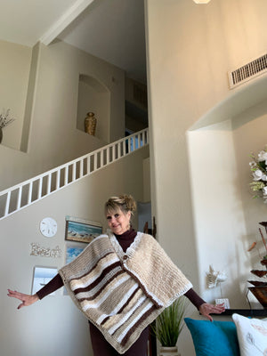Multi-Colored Beige, White & Brown Poncho