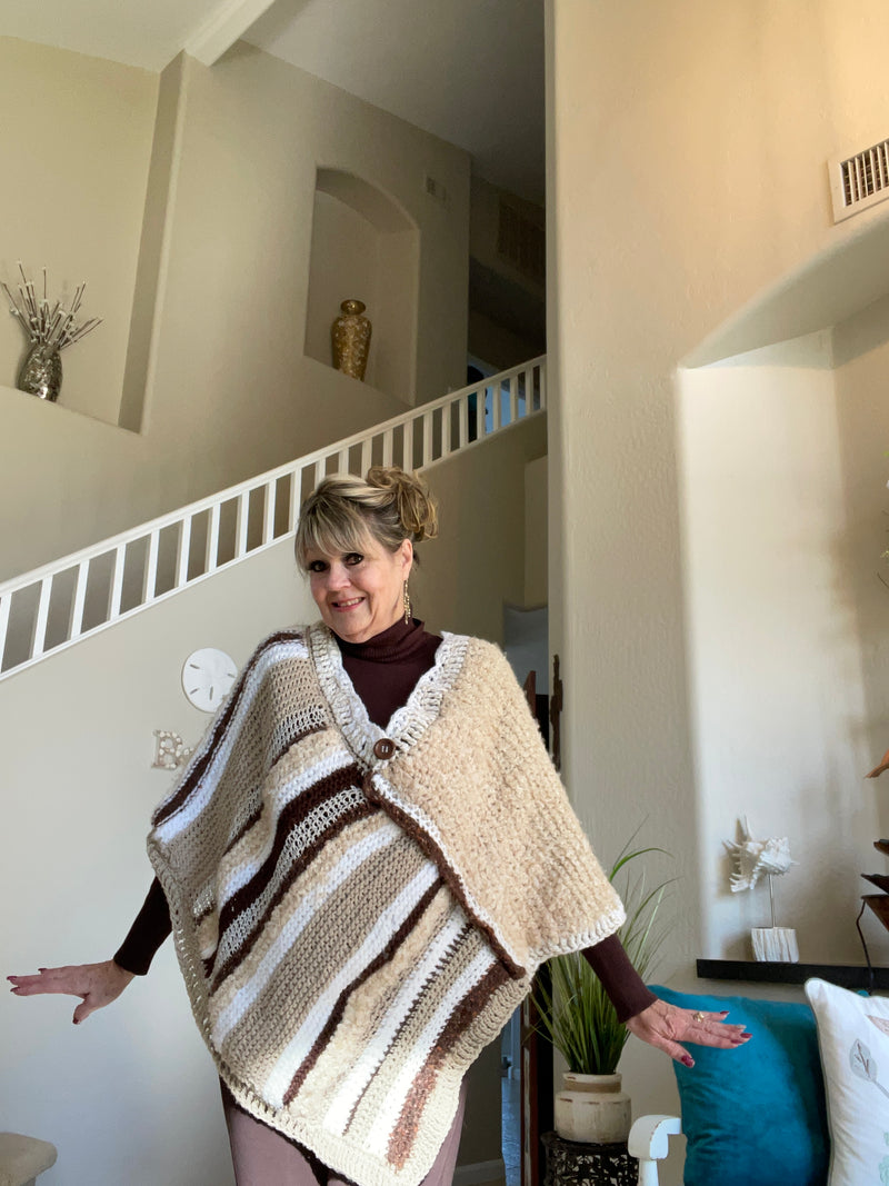 Multi-Colored Beige, White & Brown Poncho