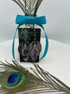 Black & Silver Leather Alligator Skin Earrings w/ Purple & Clear Rhinestones