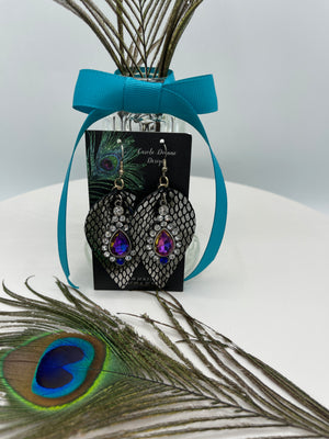 Black & Silver Leather Alligator Skin Earrings w/ Purple & Clear Rhinestones