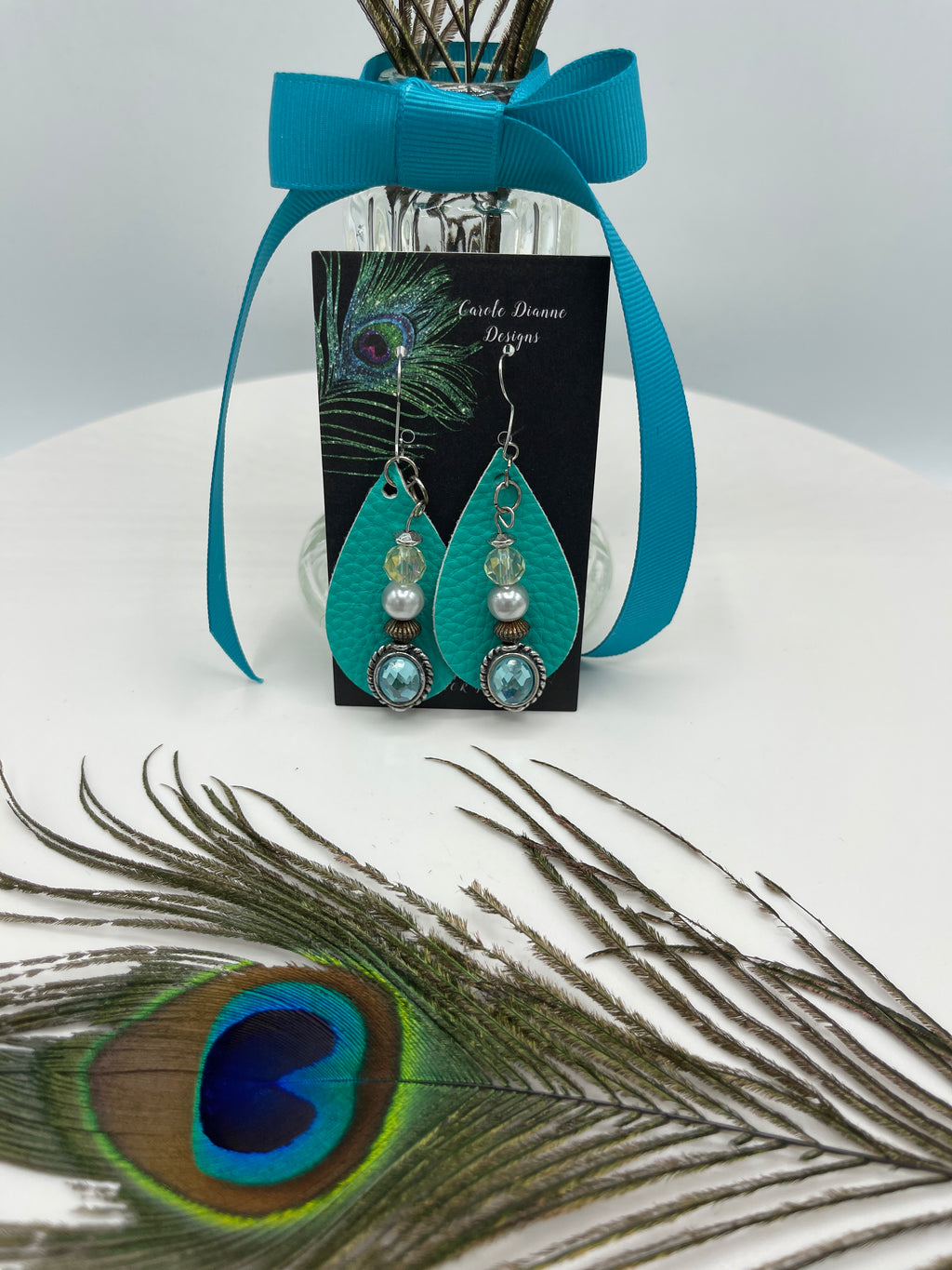 Teal Leather Earrings w/Turquoise Embellishment & Beads