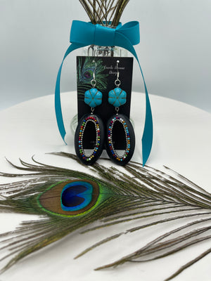 Stunning Black & Turquoise Oval Beaded Dangly Earrings