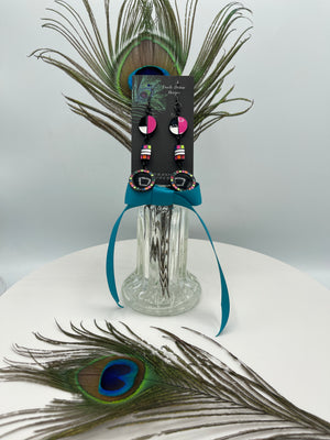 Three Tier Pink, Black & White Boho Earrings