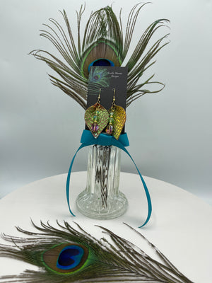 Gold & Teal Metallic Leather Earrings w/Green & Metallic Purple Beads