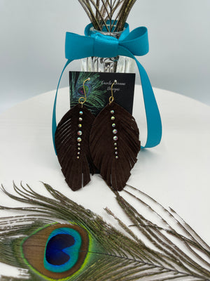 Brown Suede Leather Feather Earrings w/ 9 Rhinestones