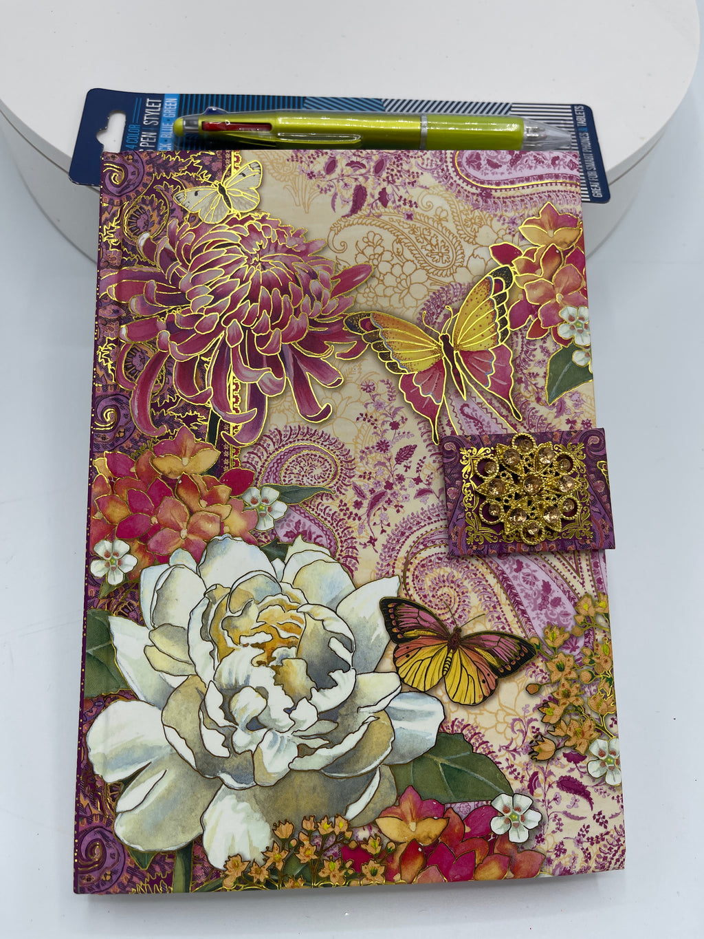 Metallic Gold Floral/Butterfly Journal w/ FREE Four Color Gel Pen/Stylus