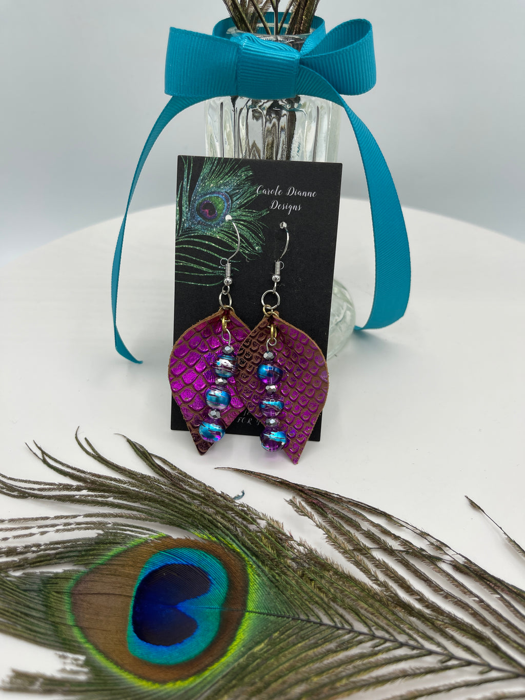 Pink Metallic Leather Earrings w/ Purple & Turquoise Metallic Beads