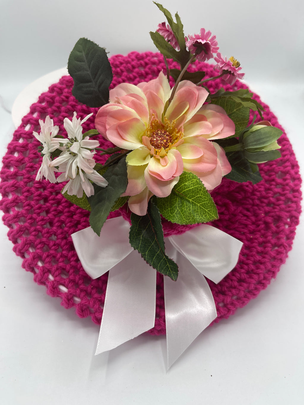 Hot Pink Floral Cookie Wrap w/ Floral Embellishment & White Satin Bow