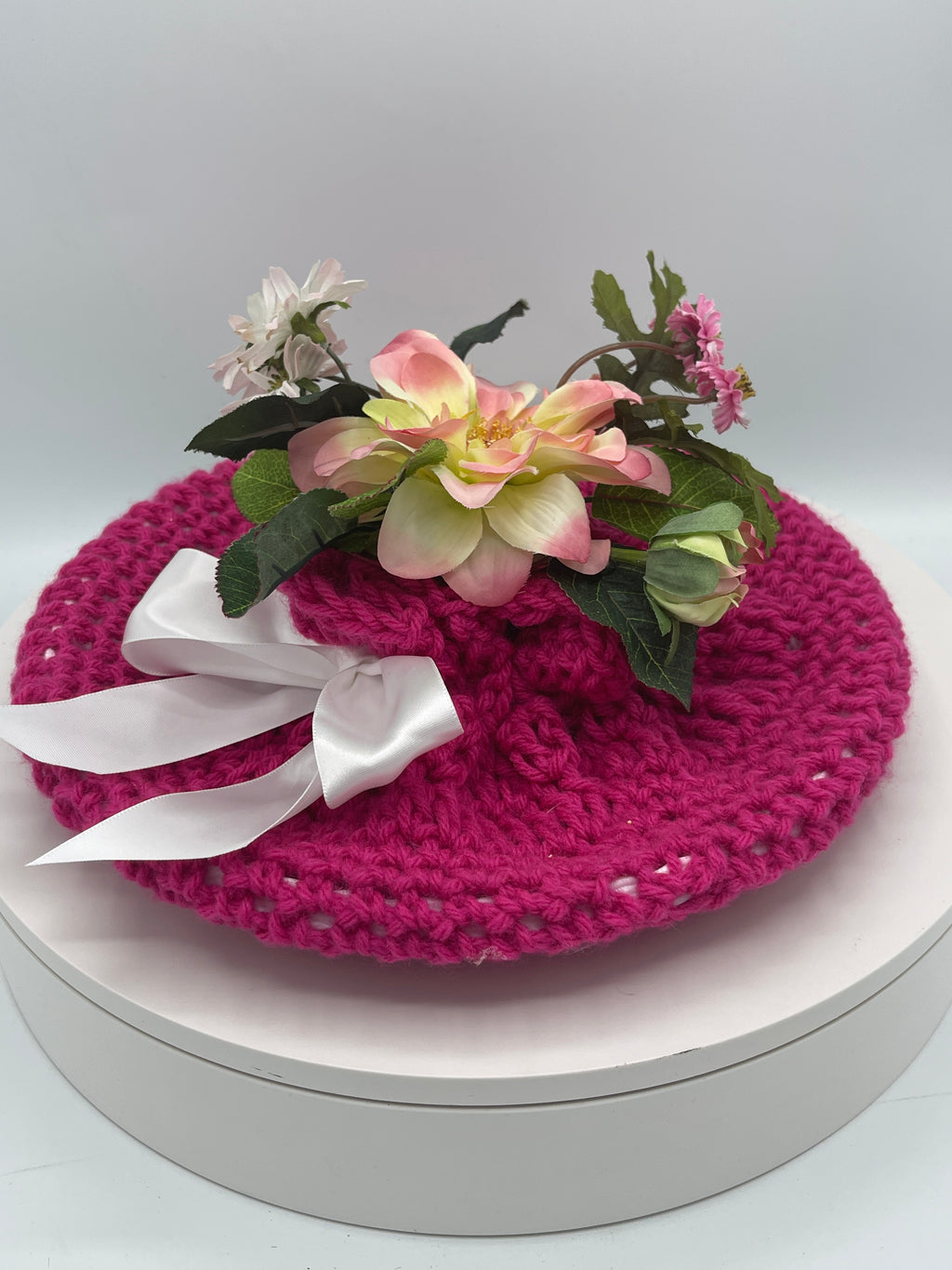 Hot Pink Floral Cookie Wrap w/ Floral Embellishment & White Satin Bow