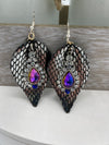 Black & Silver Leather Alligator Skin Earrings w/ Purple & Clear Rhinestones