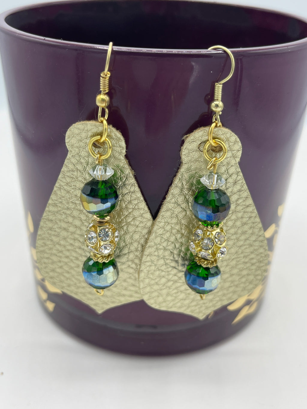 Gold Leather Earrings w/ Glass Beads