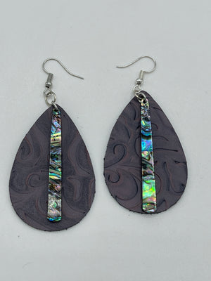 Plum Stamped Leather Earrings w/ Abalone Bar Embellishments