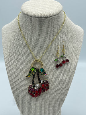 Rhinestone Cherry Pendent & Hypoallergenic Rhinestone Cherry Earrings (Clearance)