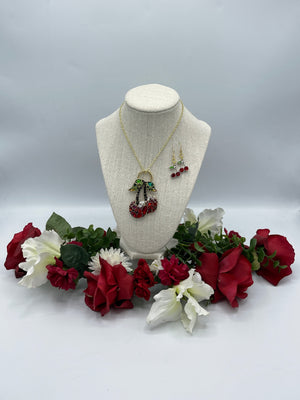 Rhinestone Cherry Pendent & Hypoallergenic Rhinestone Cherry Earrings (Clearance)