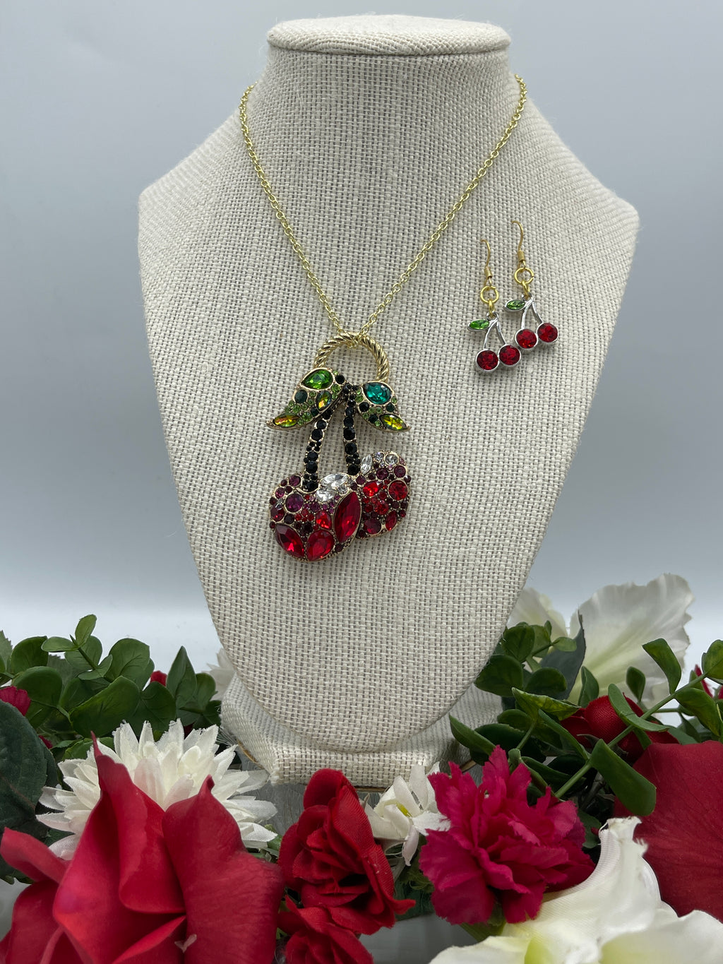 Rhinestone Cherry Pendent & Hypoallergenic Rhinestone Cherry Earrings (Clearance)