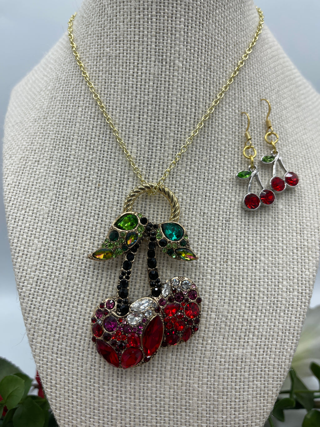 Rhinestone Cherry Pendent & Hypoallergenic Rhinestone Cherry Earrings (Clearance)