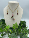 High Heel Rhinestone Medallion Necklace on Finely Detailed Gold Necklace w/ Matching Rhinestone Earrings (Clearance)
