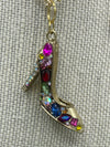 High Heel Rhinestone Medallion Necklace on Finely Detailed Gold Necklace w/ Matching Rhinestone Earrings (Clearance)