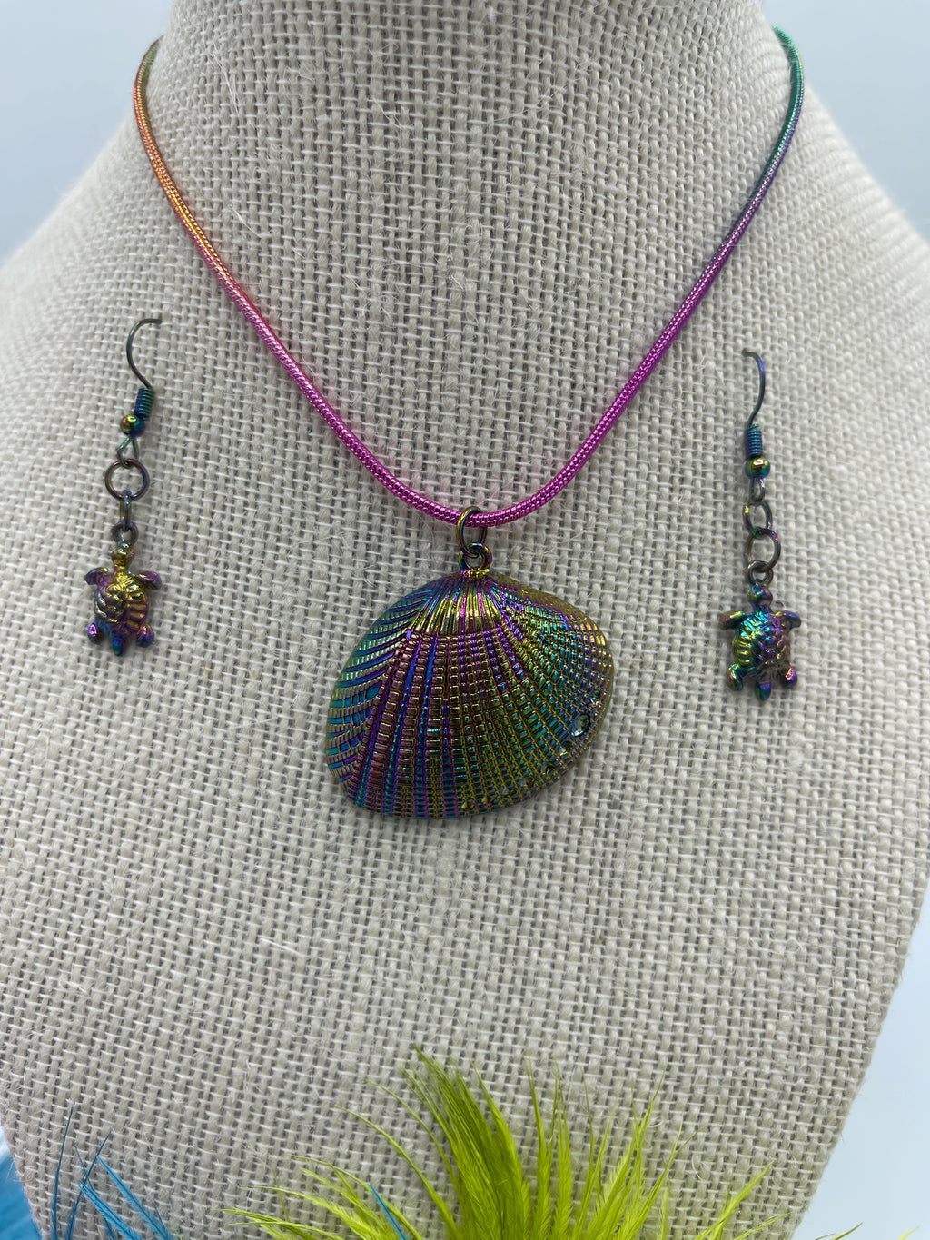 Multi-Colored Metallic Shell Necklace w/ Matching Sea Turtle Earrings (Clearance)