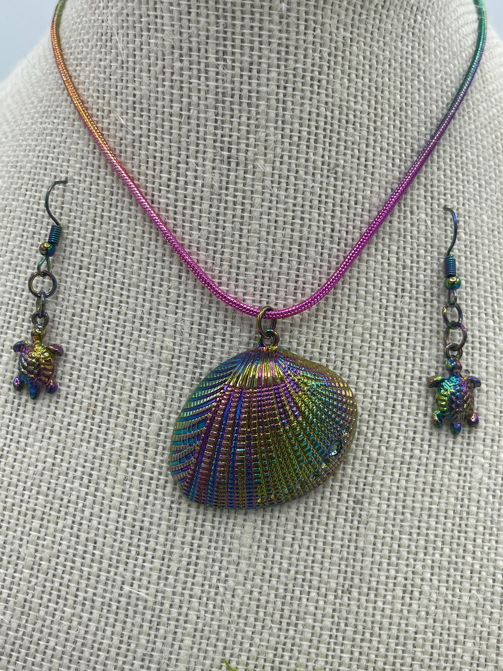 Multi-Colored Metallic Shell Necklace w/ Matching Sea Turtle Earrings (Clearance)
