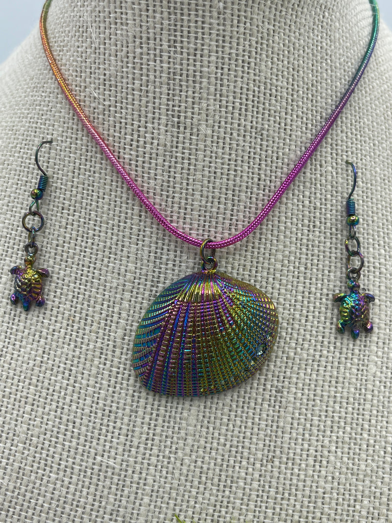 Multi-Colored Metallic Shell Necklace w/ Matching Sea Turtle Earrings (Clearance)