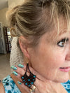 Black Scalloped Faux Leather Cut Out Earrings w/Turquoise Swarovski Crystals