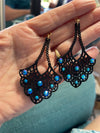 Black Scalloped Faux Leather Cut Out Earrings w/Turquoise Swarovski Crystals