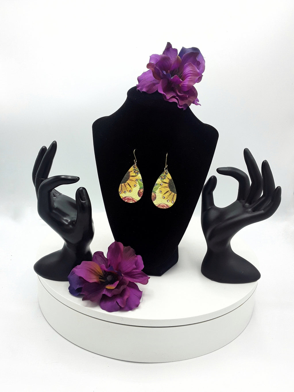 Leather Sunflower Earrings w/ Swarovski Crystals