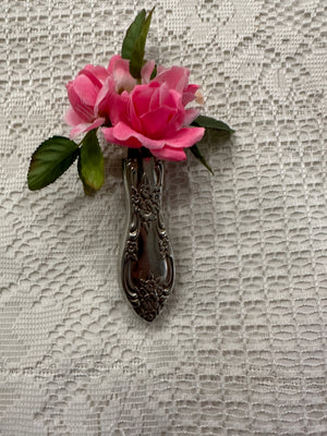 Silver Floral Silk Flower Rose Corsage & Pin