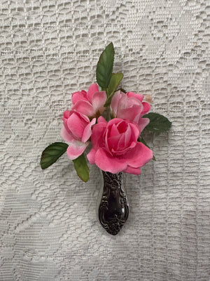 Silver Floral Silk Flower Rose Corsage & Pin