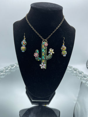 Rhinestone Cactus Pendent & Matching Earring Set