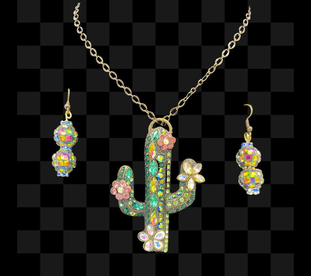 Rhinestone Cactus Pendent & Matching Earring Set