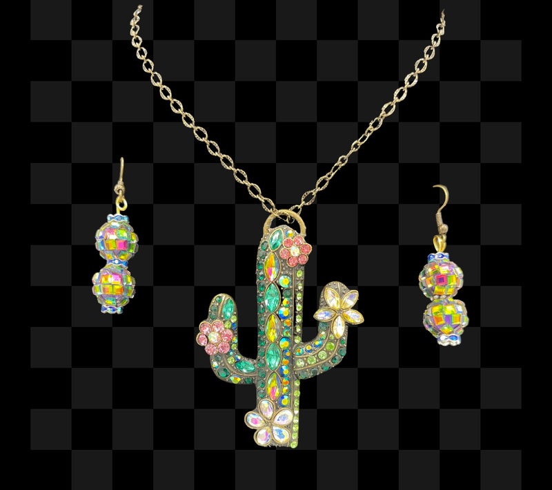 Rhinestone Cactus Pendent & Matching Earring Set