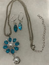 Round Silver Turquoise Rhinestone Pendent & Tear Drop Earrings (Clearance)