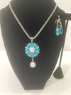 Round Silver Turquoise Rhinestone Pendent & Tear Drop Earrings (Clearance)
