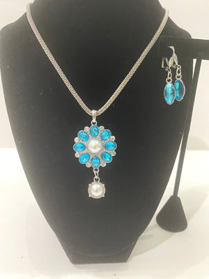 Round Silver Turquoise Rhinestone Pendent & Tear Drop Earrings (Clearance)