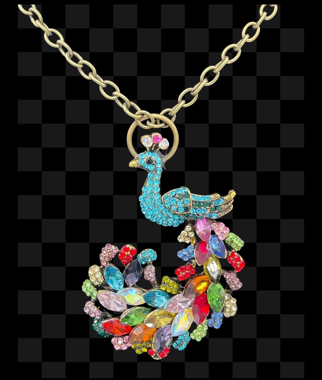 Peacock Pendent & Matching Turquoise Rhinestone Earrings