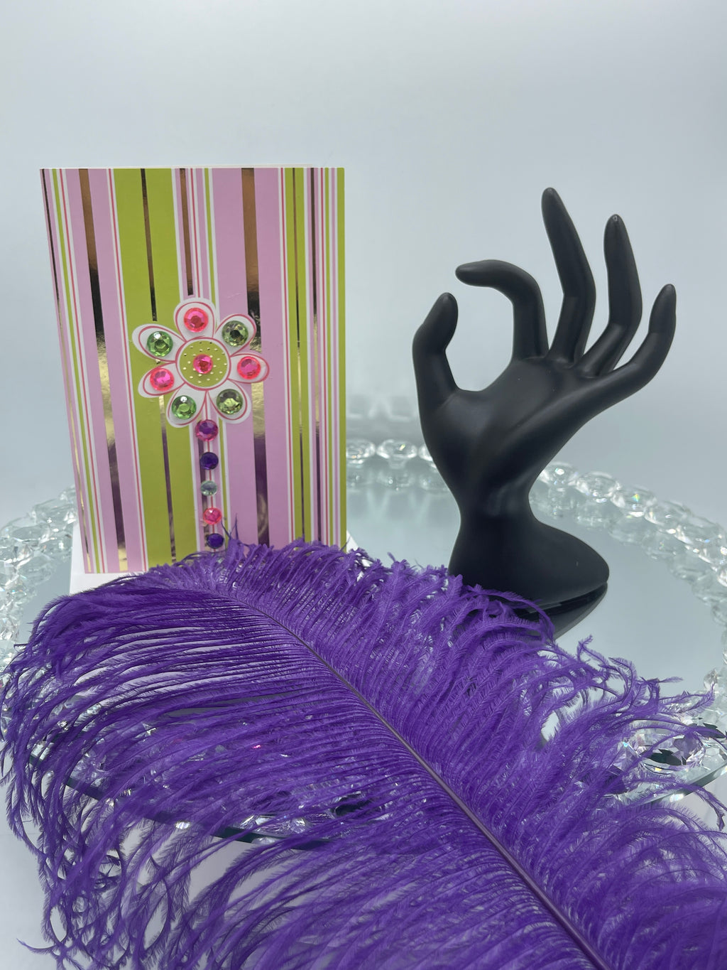 3-D Pink & Green Stripe Card w/Rhinestone Daisy