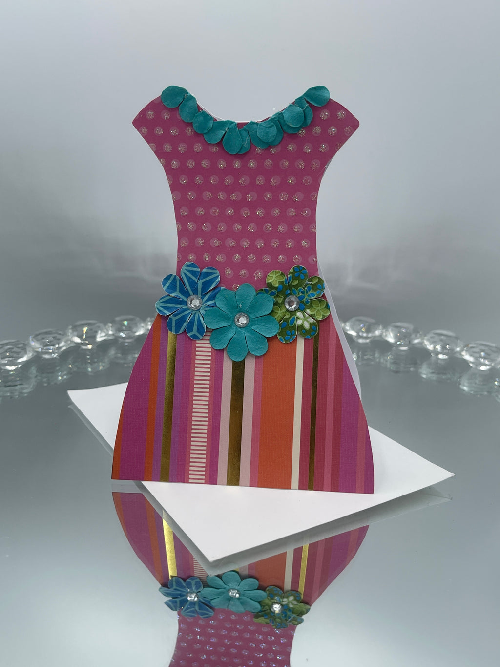 Hot Pink Dress Card w/ Flowers & Rhinestones