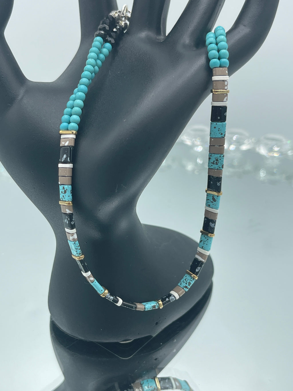 Turquoise, Black & Beige Speckled Beaded Anklet (Clearance)