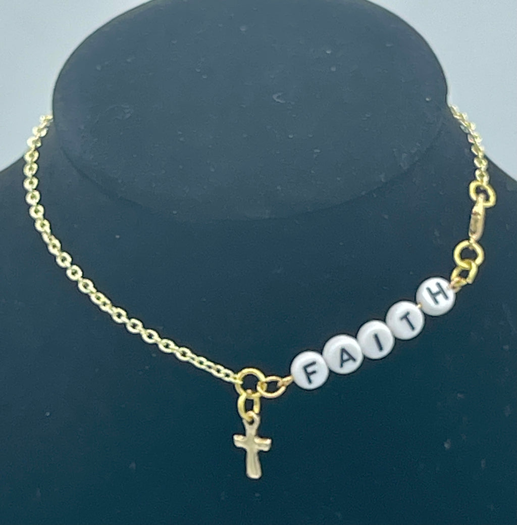 Gold Chain Anklet w/Cross & Beaded "FAITH." (Clearance)