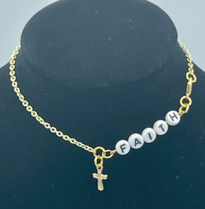 Gold Chain Anklet w/Cross & Beaded "FAITH." (Clearance)