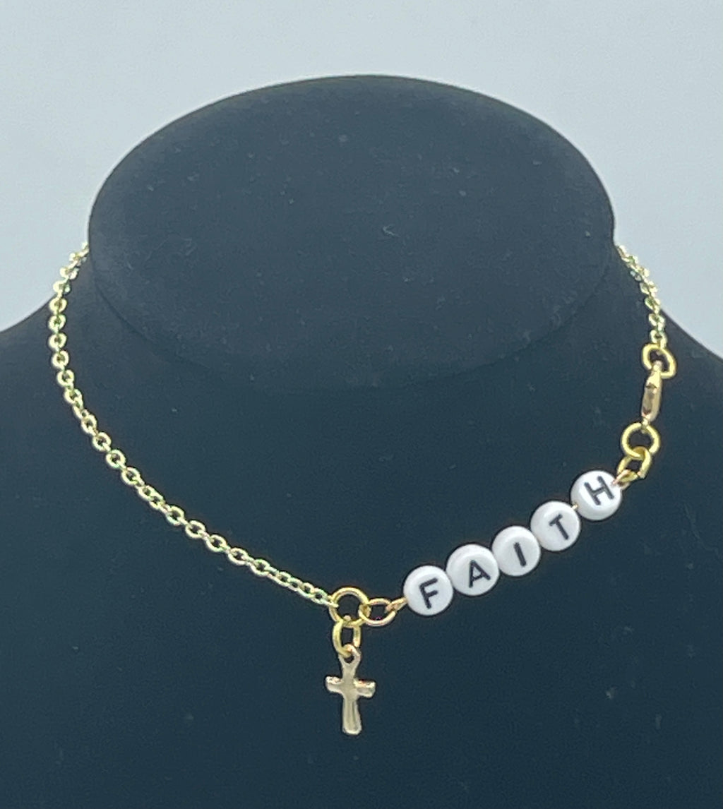 Gold Chain Anklet w/Cross & Beaded "FAITH." (Clearance)