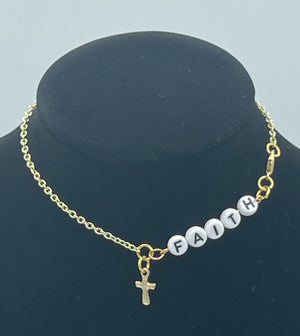 Gold Chain Anklet w/Cross & Beaded "FAITH." (Clearance)