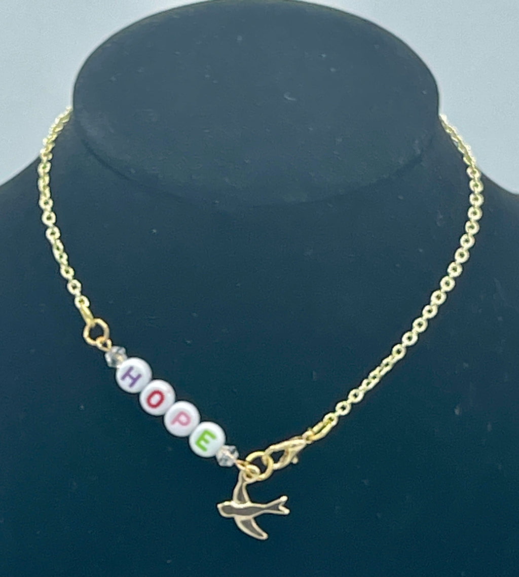 Gold Chain Anklet w/Clear Beads & Dove w/ Beaded "HOPE" (Clearance)
