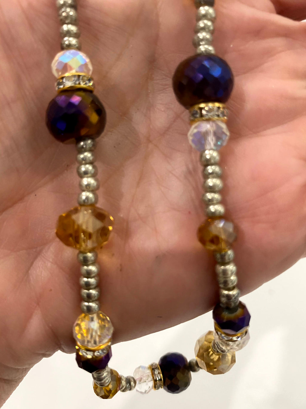 Purple, Gold, Crystal & Rhinestone Beaded Necklace w/Matching Purple & Gold Earrings