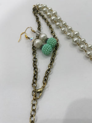 Mint Green & Pearl Floral Necklace w/ Matching Mint Green & Pearl Earrings (Clearance)