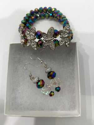 Multi-Colored Purple Metallic Beaded Bracelet w/Matching Purple, Crystal & Rhinestone Earrings
