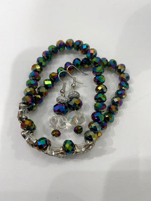 Multi-Colored Purple Metallic Beaded Bracelet w/Matching Purple, Crystal & Rhinestone Earrings