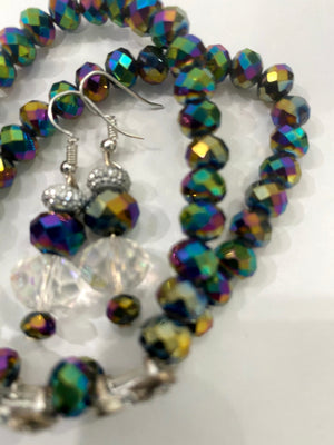 Multi-Colored Purple Metallic Beaded Bracelet w/Matching Purple, Crystal & Rhinestone Earrings